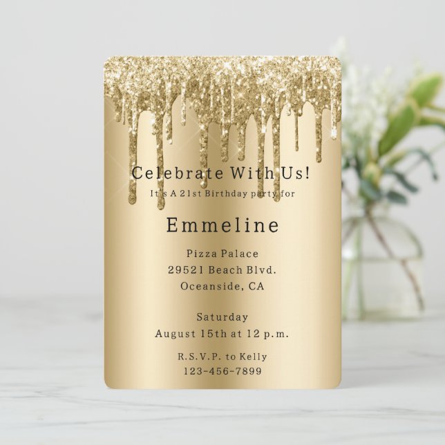 Gold Sparkle Glitter Drips Birthday Invitation (Standing Front)