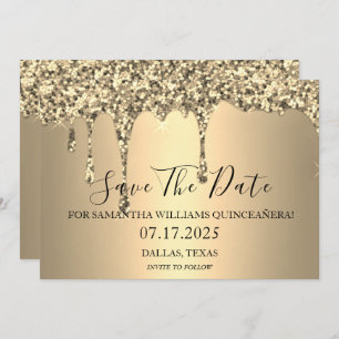 Gold Sparkle Glitter Drips Quinceanera  Save The Date