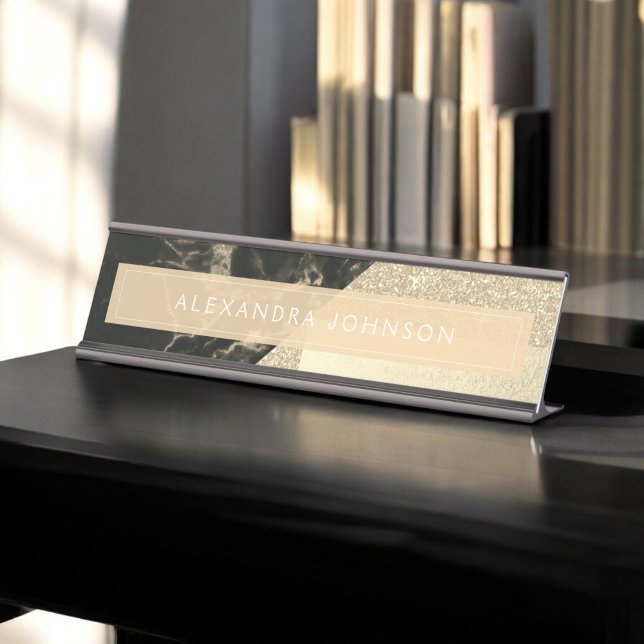 Gold Sparkle Glitter Foil and Black Marble Desk Name Plate (Creator Uploaded)