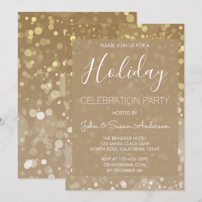 Gold Sparkle Glitter Lights Holiday Party Invitation (Front/Back)