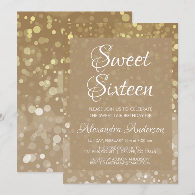 Gold Sparkle Glitter Lights Sweet 16 Birthday Invitation (Front/Back)
