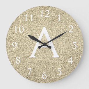 Gold Sparkle Glitter Monogram Name & Initial Large Clock