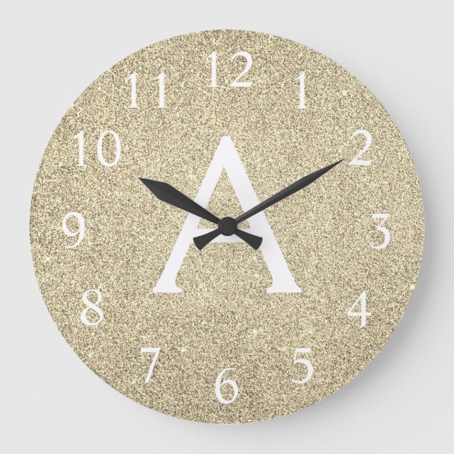 Gold Sparkle Glitter Monogram Name & Initial Large Clock (Front)