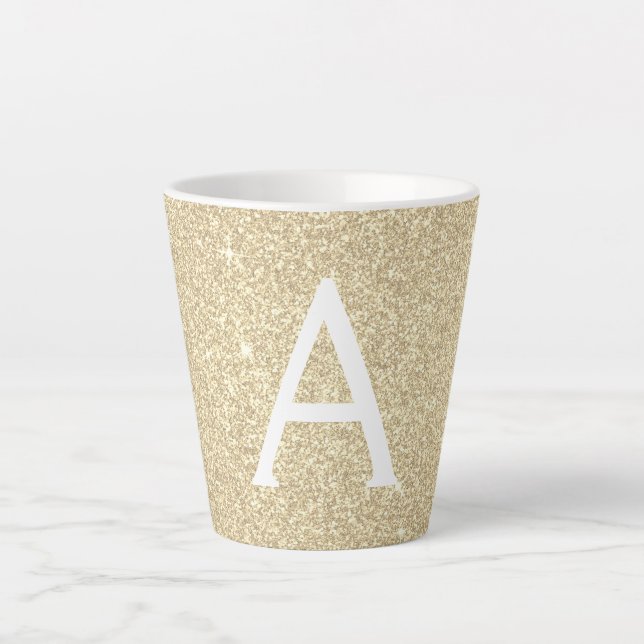 Gold Sparkle Glitter Monogram Name & Initial Latte Mug (Front)