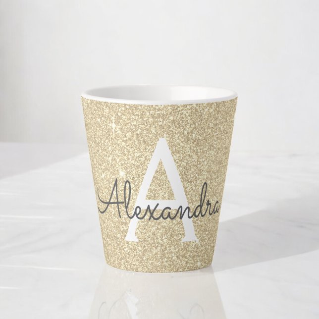 Gold Sparkle Glitter Monogram Name & Initial Latte Mug (Creator Uploaded)