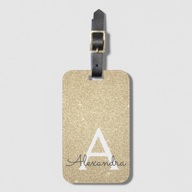Gold Sparkle Glitter Monogram Name Luggage Tag (Front Vertical)