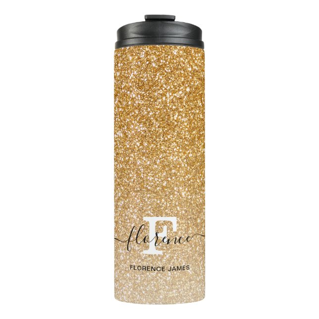 Gold Sparkle Glitter Ombre Girly Monogram Name Thermal Tumbler (Front)