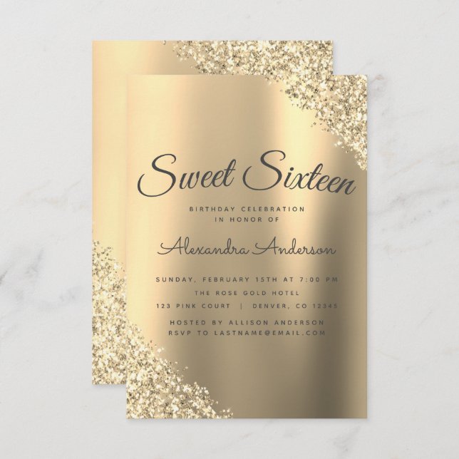 Gold Sparkle Glitter Sweet Sixteen Birthday Invitation (Front/Back)