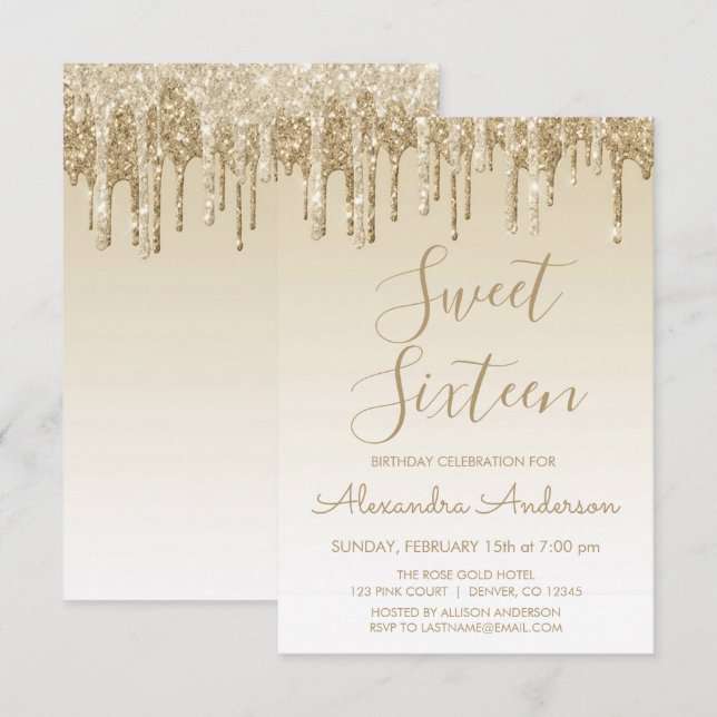Gold Sparkle Glitter Sweet Sixteen Birthday Invitation (Front/Back)