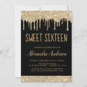 Gold Sparkle Glitter Sweet Sixteen Birthday Invitation
