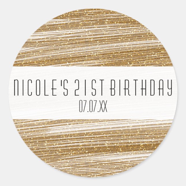 Gold Sparkle Glitter & White Party Modern Favour Classic Round Sticker (Front)
