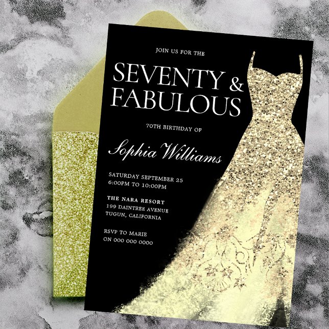 Gold Sparkle Gown Black 70th Birthday Party  Invitation (Creator Uploaded)