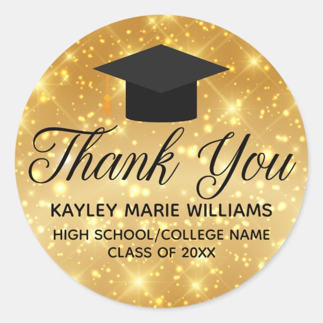 Gold Sparkle Graduate Custom Graduation Party Classic Round Sticker (Front)