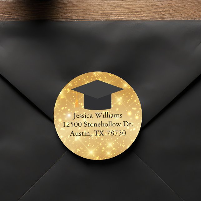 Gold Sparkle Graduation Chic Return Address Classic Round Sticker (Creator Uploaded)