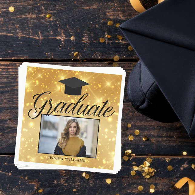 Gold Sparkle Graduation Photo Chic Custom Party Napkin (Creator Uploaded)