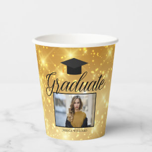Gold Sparkle Graduation Photo Chic Custom Party Paper Cups