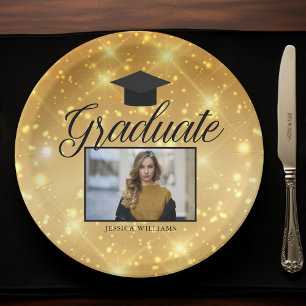 Gold Sparkle Graduation Photo Chic Custom Party Paper Plate