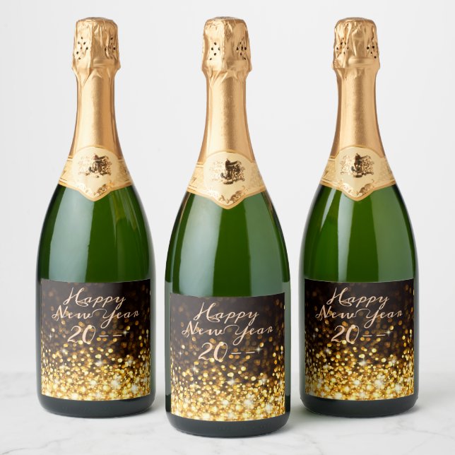 Gold Sparkle Happy New Year Sparkling Wine Label (Bottles)