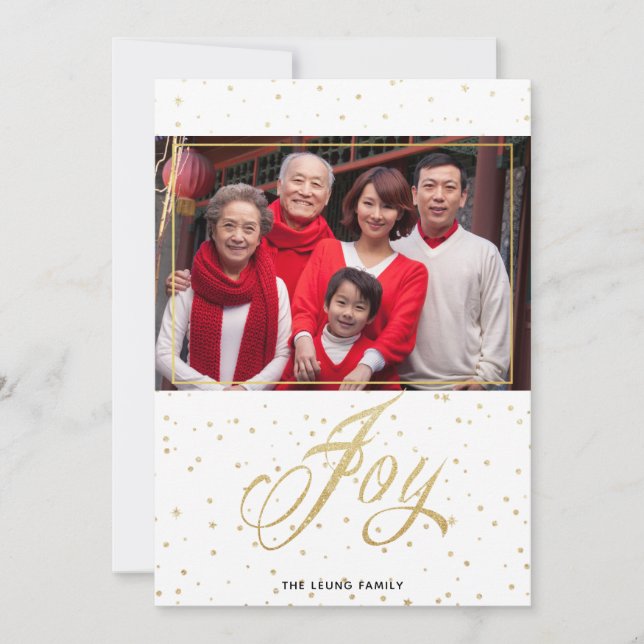 Gold Sparkle Joy Christmas Family Photo Cards (Front)