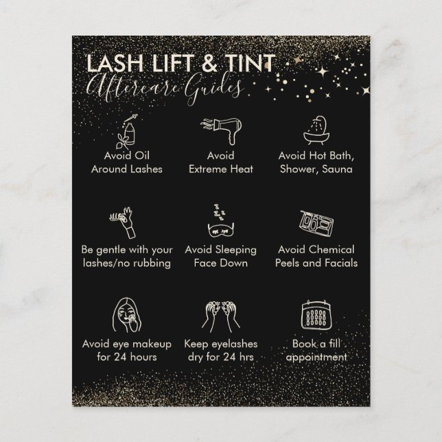 Gold Sparkle Lash Lift Tint aftercare Budget Flyer (Back)