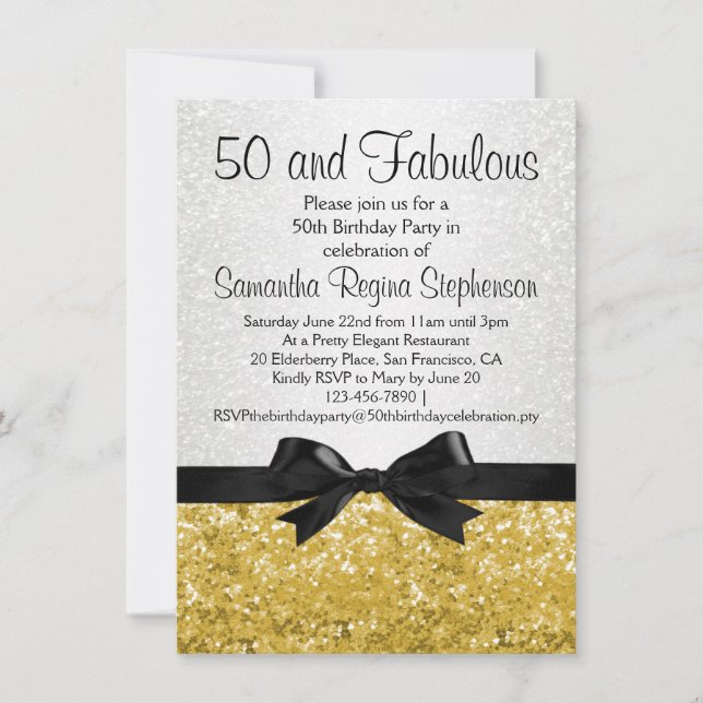 Gold Sparkle-look Bow 50th Birthday Party Invitation (Front)