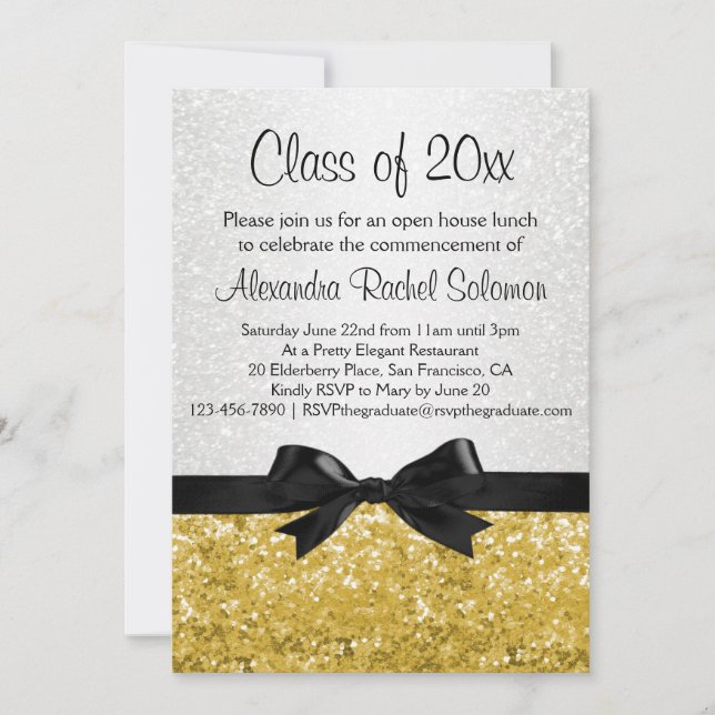 Gold Sparkle-look Bow Graduation Invitation (Front)