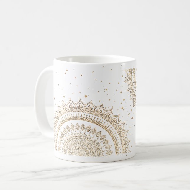 Gold sparkle Mandala Boho Chic Coffee Mug (Front Left)