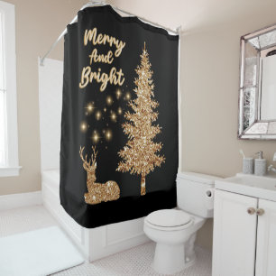 Gold Sparkle Merry and Bright Christmas Shower Curtain