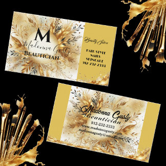 Gold Sparkle Monogram Floral Beauty Professional Business Card