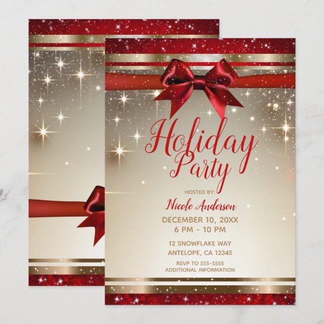Gold Sparkle Red Bow Elegant Glam Holiday Party Invitation (Front/Back)