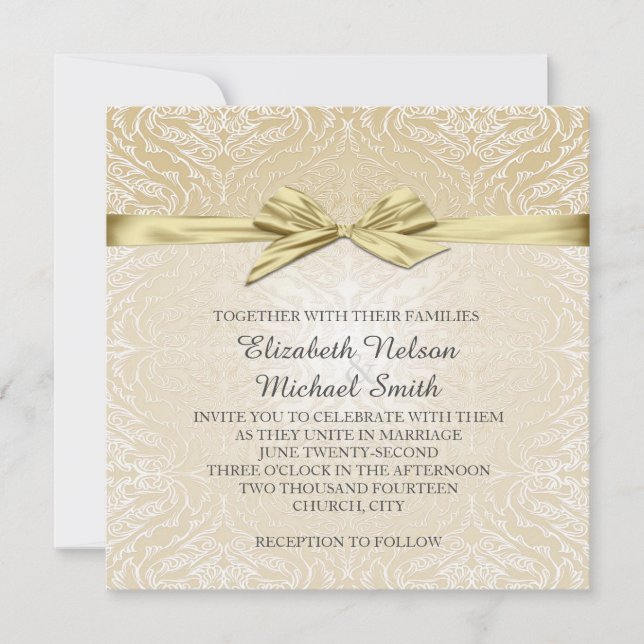 Gold Sparkle Ribbon Damask Wedding Invite (Front)