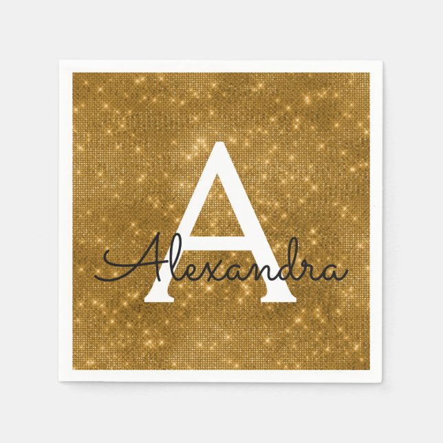 Gold Sparkle & Shimmer Monogram Initial Birthday Napkin (Front)