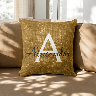 Gold Sparkle Shimmer Monogram Name & Initial Cushion