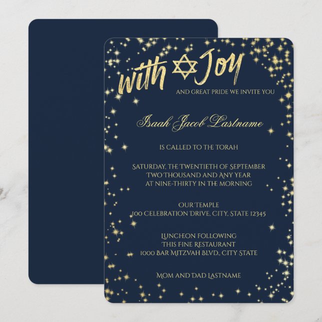 Gold Sparkle Sky Navy Blue Bar Mitzvah Invitation (Front/Back)