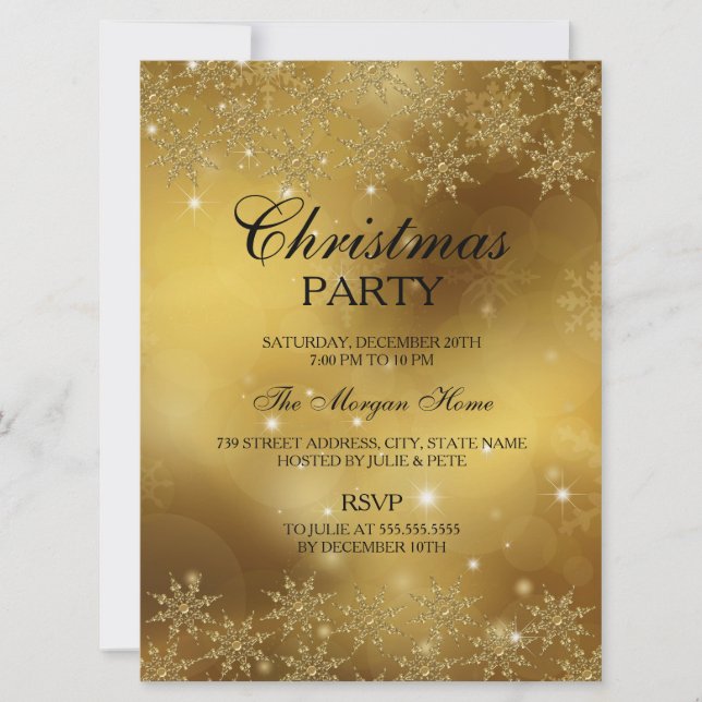 Gold Sparkle Snowflake Christmas Holiday Invite (Front)