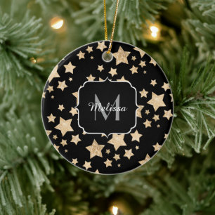 Gold sparkle Star Christmas Holiday Monogram black Ceramic Tree Decoration