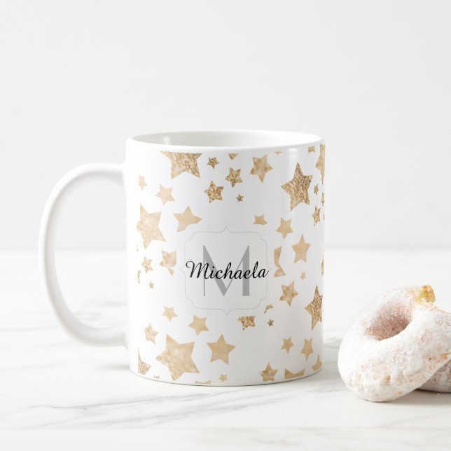 Gold sparkle Stars Christmas Monogram white Coffee Mug (With Donut)