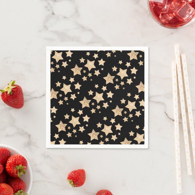 Gold sparkle Stars Merry Christmas Holiday black Napkin (Insitu)
