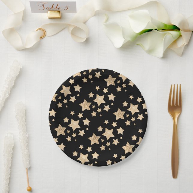 Gold sparkle Stars Merry Christmas Holiday black Paper Plate (Wedding)