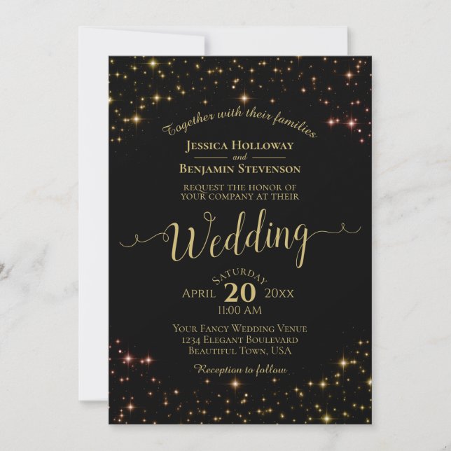 Gold Sparkle Stars on Black Elegant Wedding Invitation (Front)