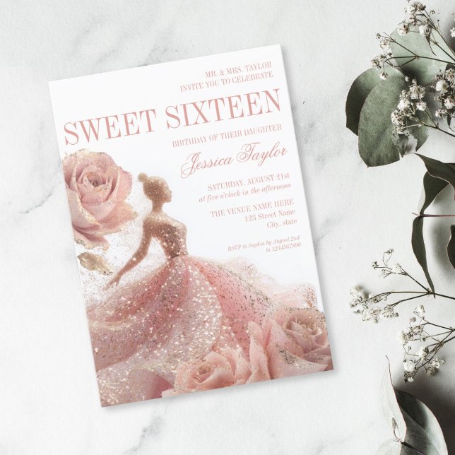 Gold Sparkle Sweet 16 Blush Pink Dress Invitation (blush pink glitter dress with roses sweet sixteen birthday invitation)