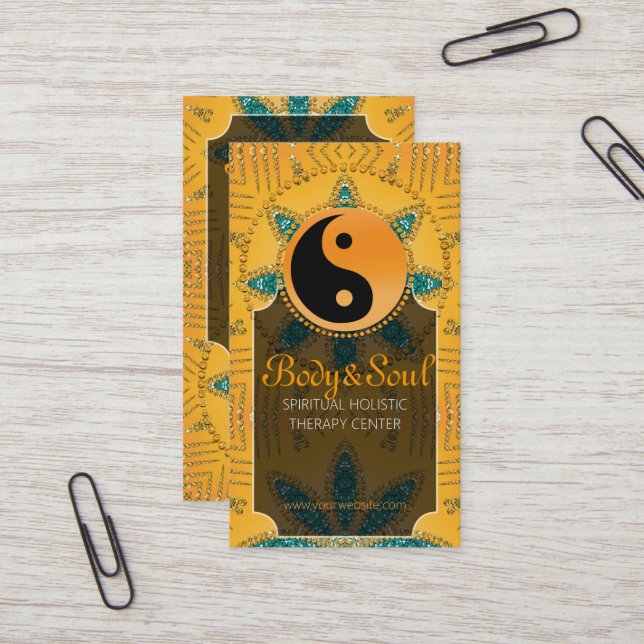 Gold Sparkle Teal Orange YinYang Business Cards (Front/Back In Situ)