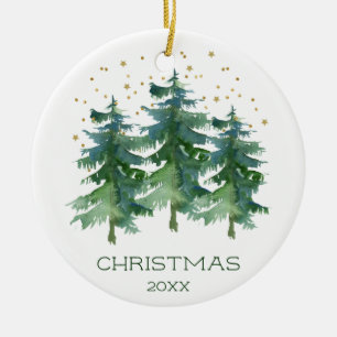 Gold Sparkle Watercolor Christmas Trees Ceramic Tree Decoration