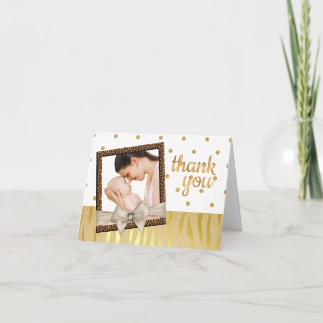 Gold Sparkle Zebra Print Baby Shower Thank You Card (Front)
