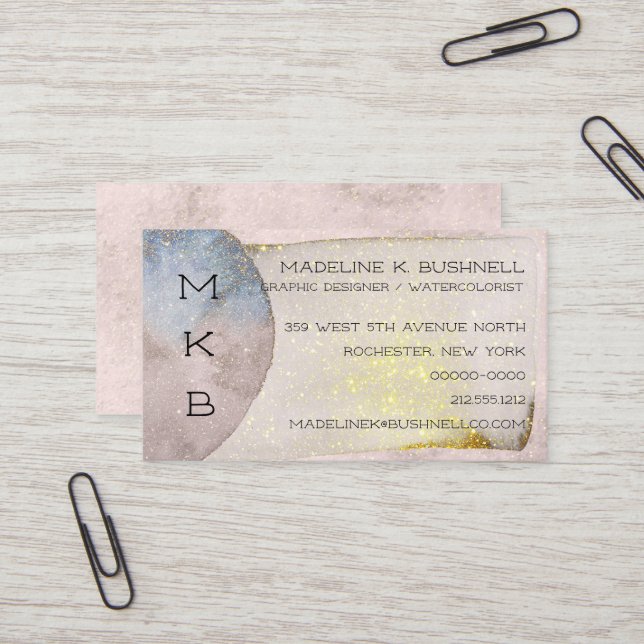 Gold Sparkled Pastel Watercolors Business Card (Front/Back In Situ)