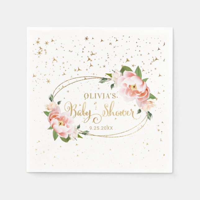 Gold Sparkles Blush Pink Floral Baby Girl Shower Napkin (Front)