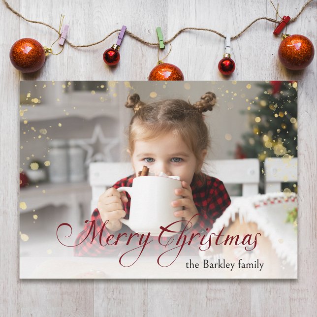Gold Sparkles Merry Christmas Calligraphy Photo Holiday Card (Creator Uploaded)