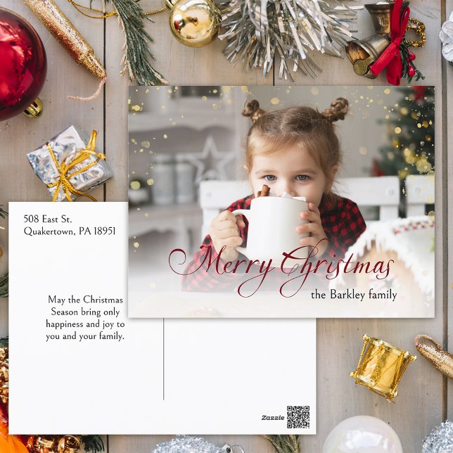 Gold Sparkles Merry Christmas Calligraphy Photo Holiday Postcard (Creator Uploaded)