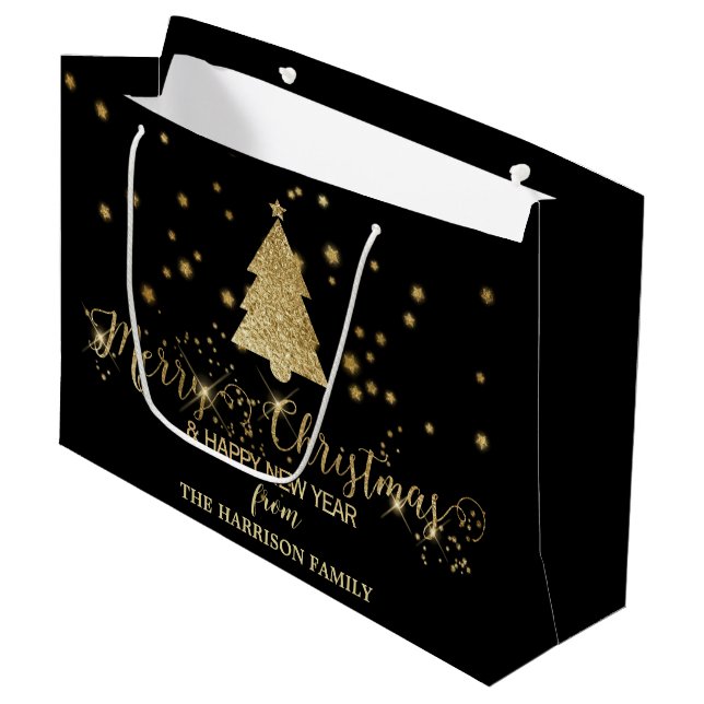 Gold Sparkles Merry Christmas Tree Black Large Gift Bag (Front Angled)