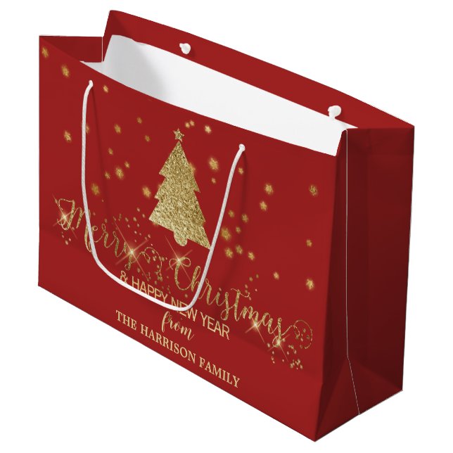 Gold Sparkles Merry Christmas Tree Red Large Gift Bag (Front Angled)